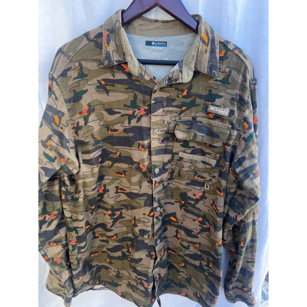 Columbia PHG Duck Camo Hunting Shirt L Long Sleeve Vented Cotton Fishing USA